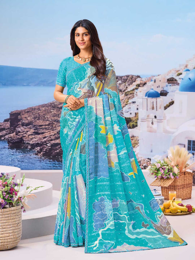 Blue abstract printed saree