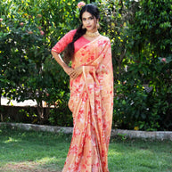 Brown floral printed chiffon saree festive wear 