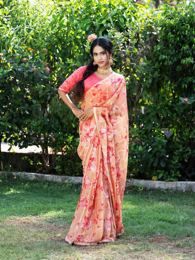 Brown floral printed chiffon saree festive wear 