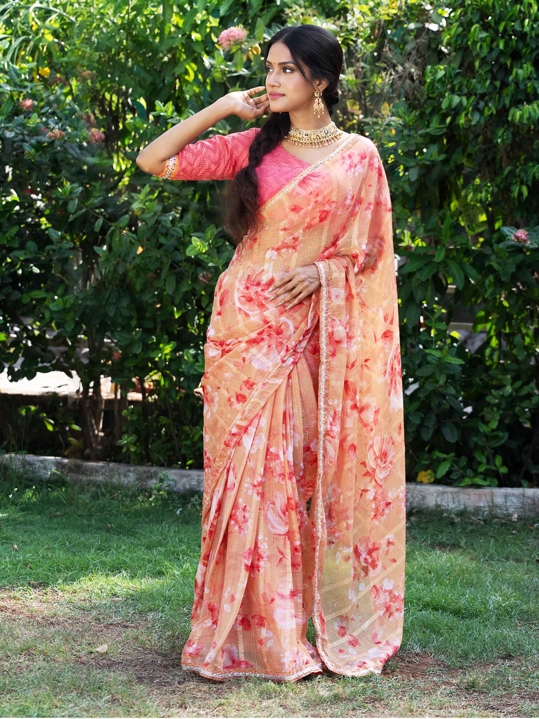 Brown floral printed striped chiffon saree party wear