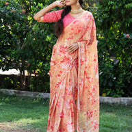 Brown floral printed striped chiffon saree party wear