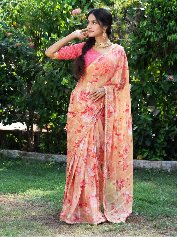 Brown floral printed striped chiffon saree party wear