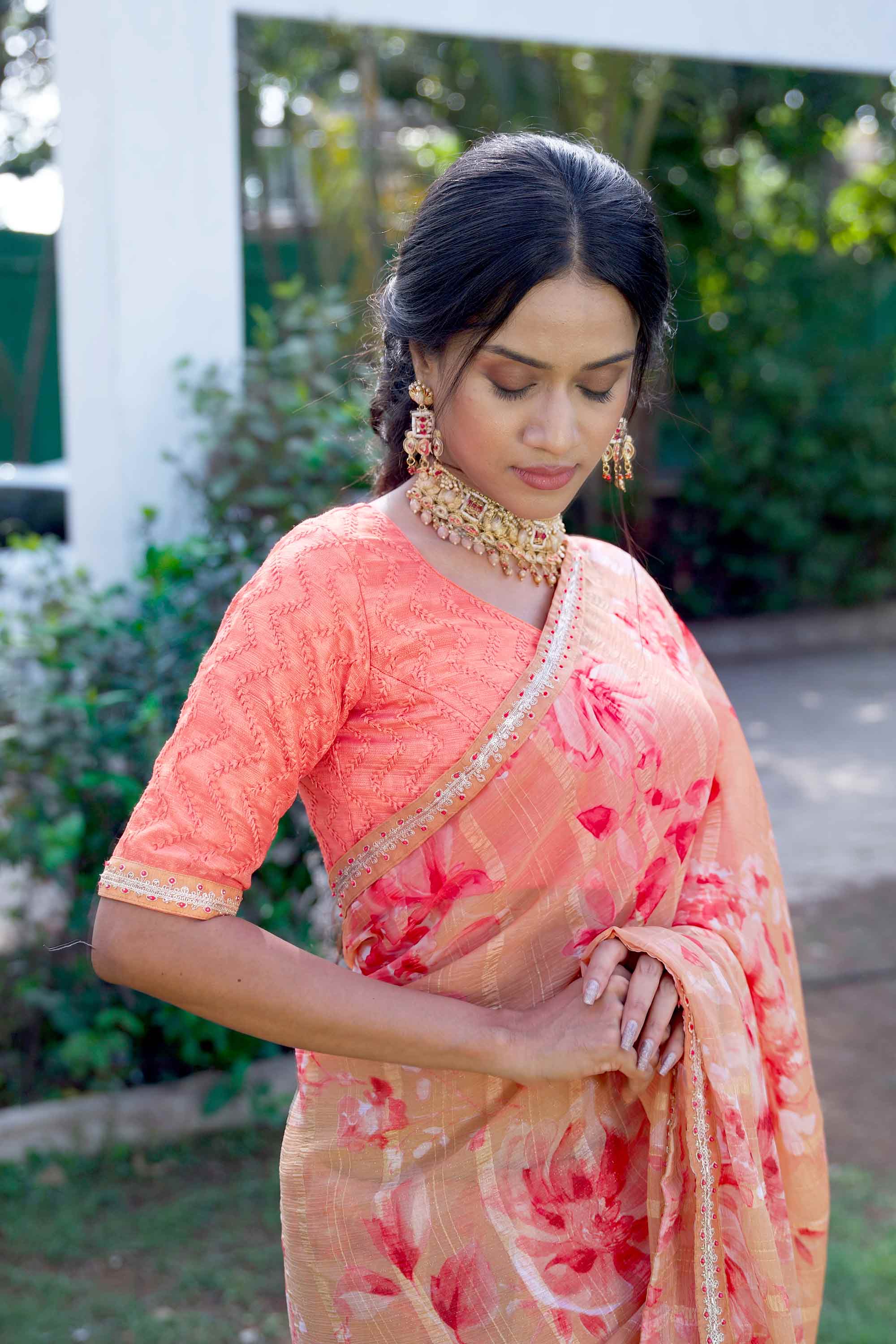  Brown floral printed chiffon saree festive wear