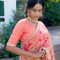  Brown floral printed chiffon saree festive wear