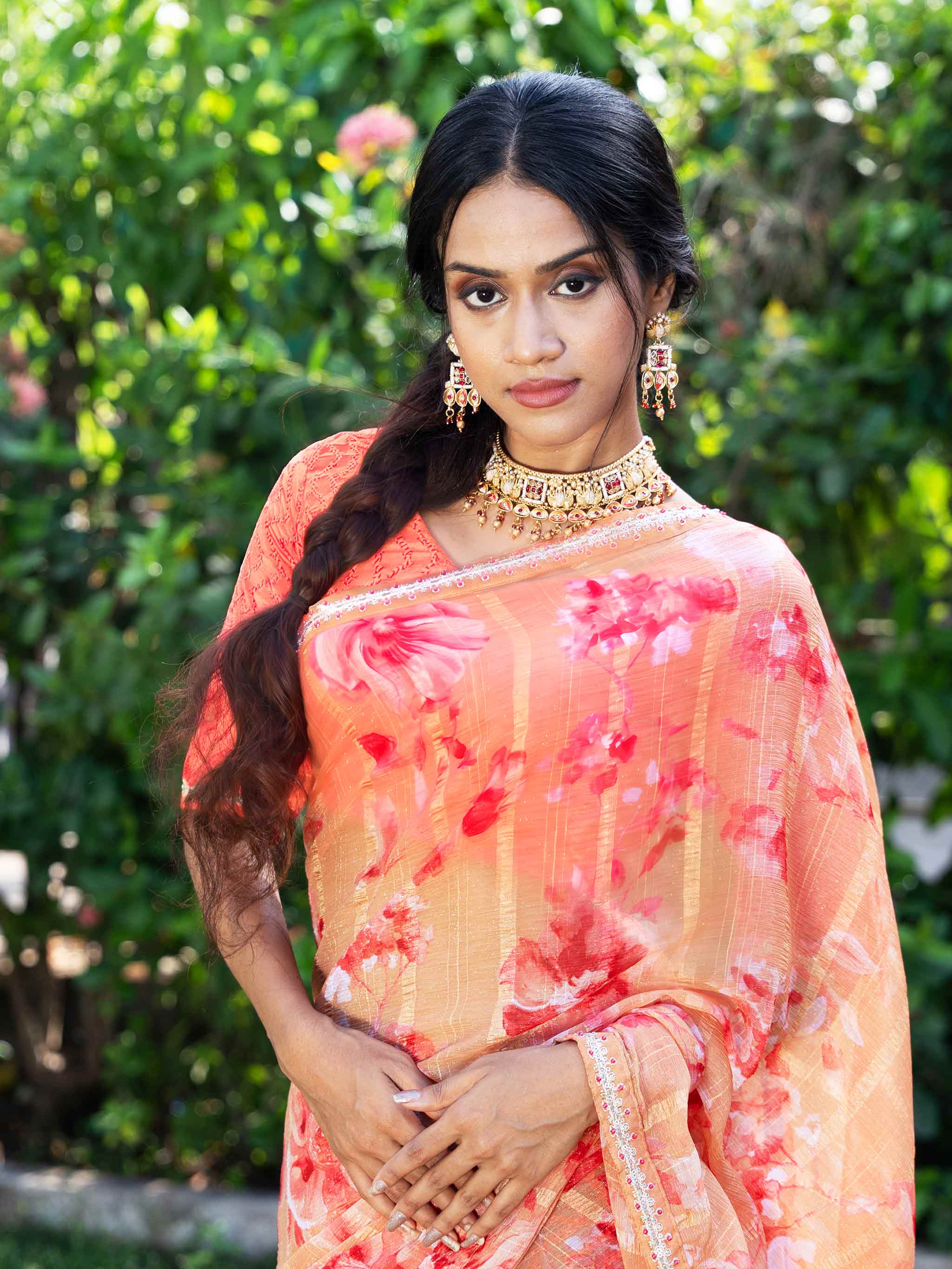 Brown floral print chiffon saree party wear