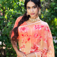 Brown floral print chiffon saree party wear