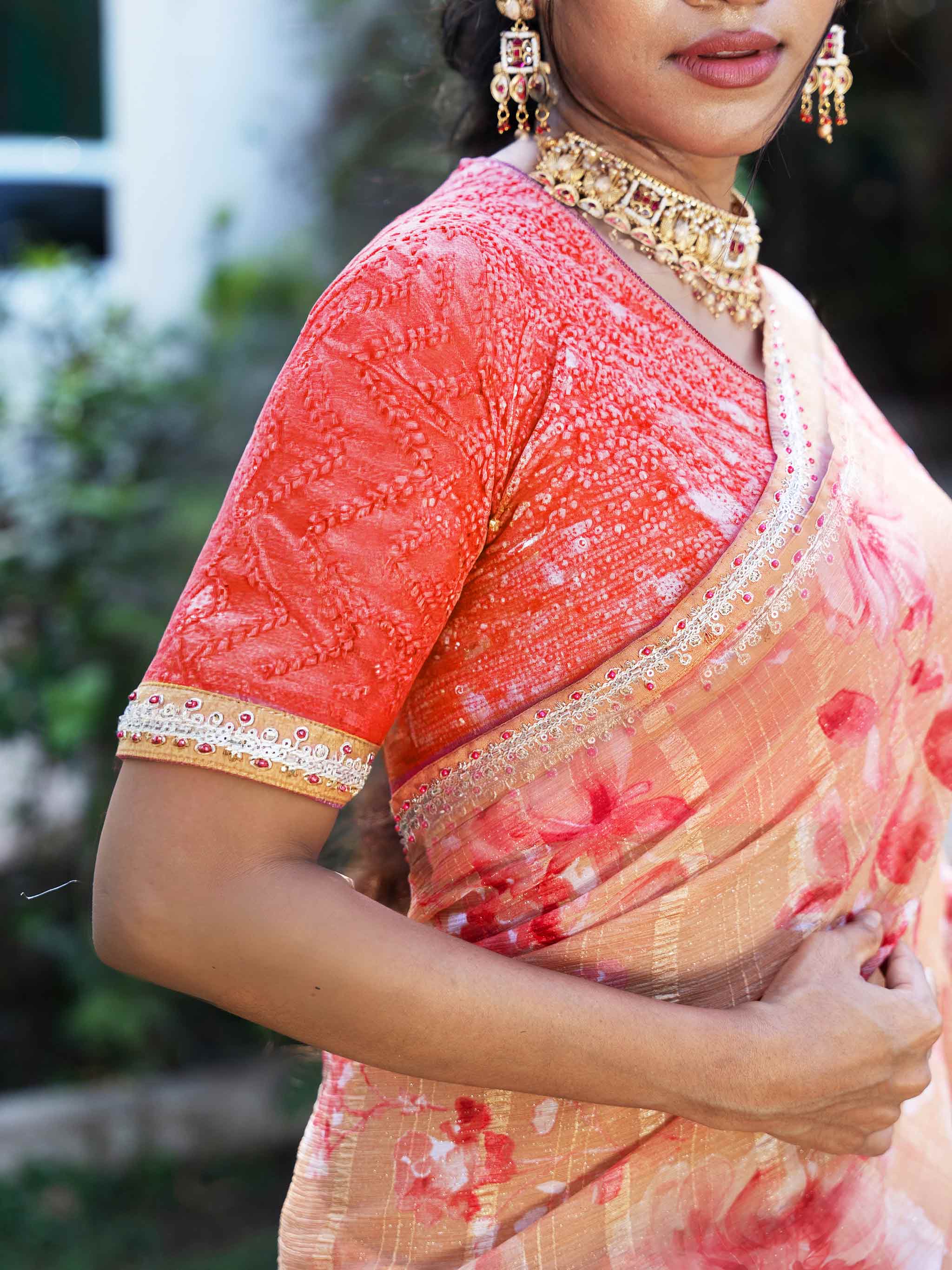 Brown floral printed chiffon saree wedding wear