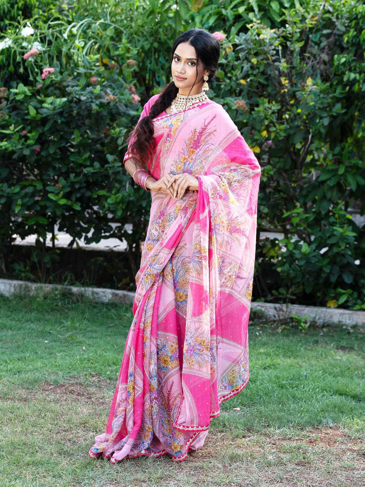 Pink floral and geometric printed chiffon saree festive wear 