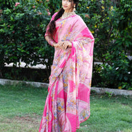 Pink floral and geometric printed chiffon saree festive wear 