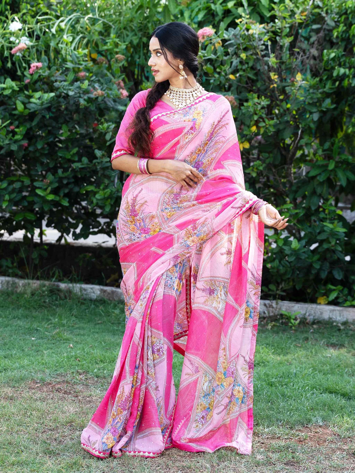Pink floral and geometric printed chiffon saree party wear