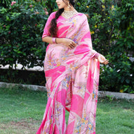 Pink floral and geometric printed chiffon saree party wear
