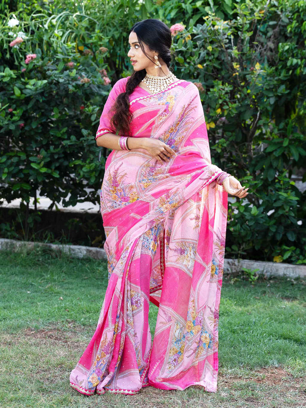 Pink floral and geometric printed chiffon saree party wear