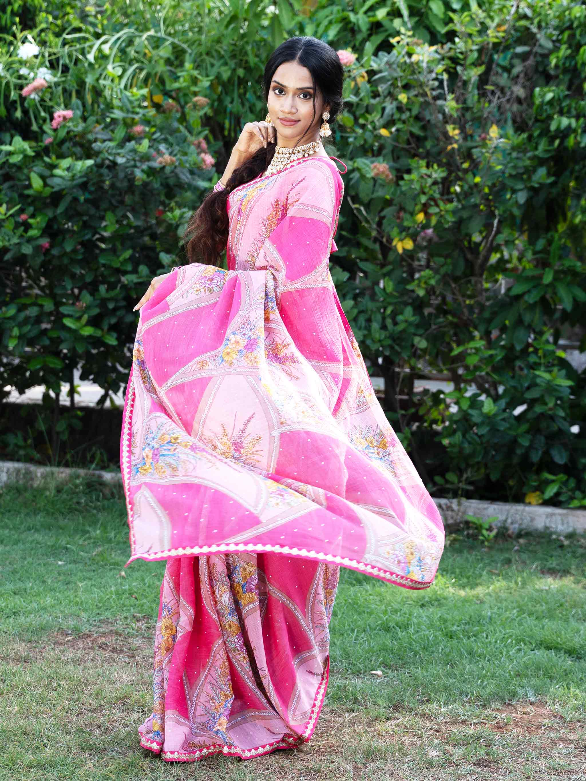 Pink floral and geometric printed chiffon saree daily wear 