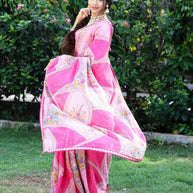 Pink floral and geometric printed chiffon saree daily wear 