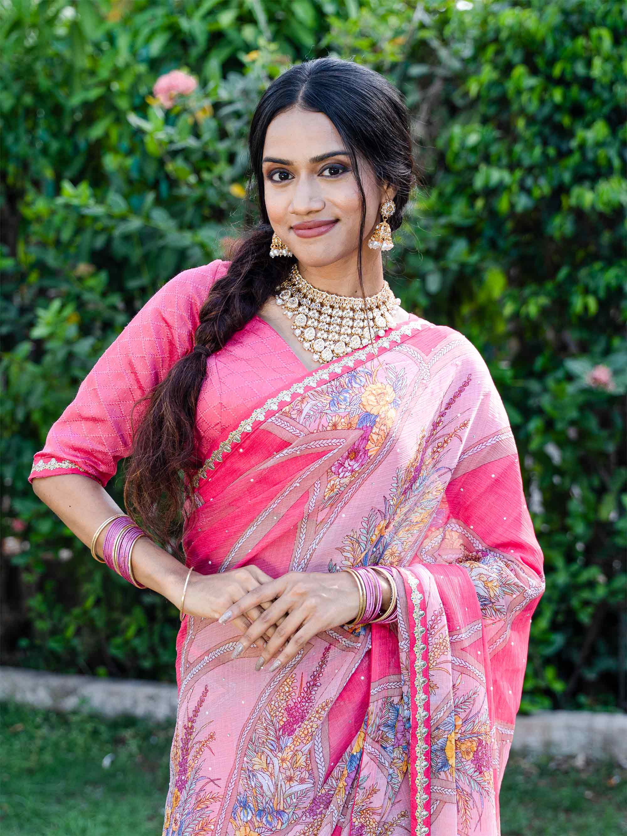  Pink floral and geometric printed chiffon saree wedding wear
