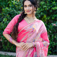  Pink floral and geometric printed chiffon saree wedding wear