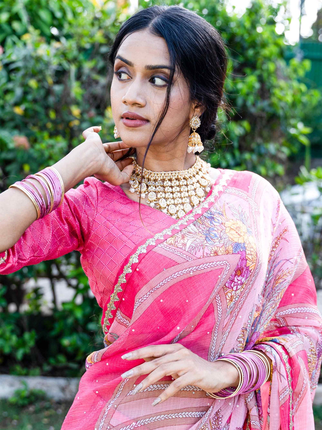 Pink floral printed chiffon saree party wear