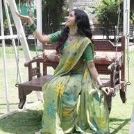 Green printed Silk Blend saree daily wear