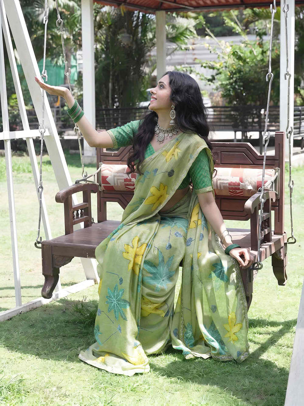 Green printed Silk Blend saree daily wear