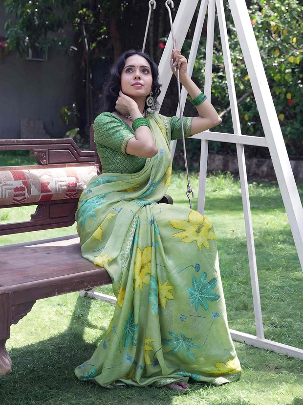  Green floral printed Silk Blend saree party wear