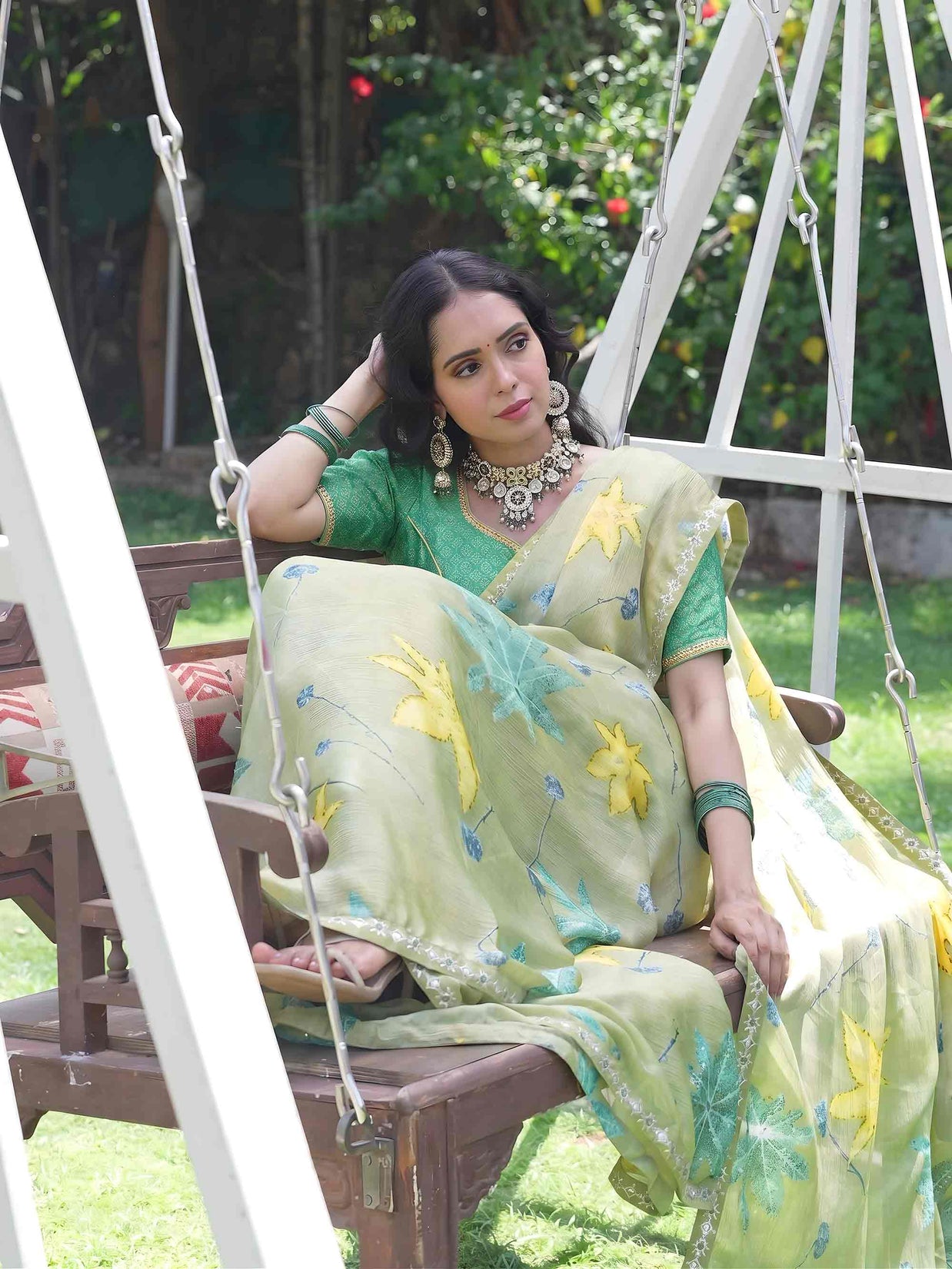 Green printed Silk Blend saree festive wear