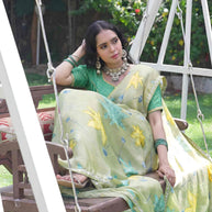 Green printed Silk Blend saree festive wear