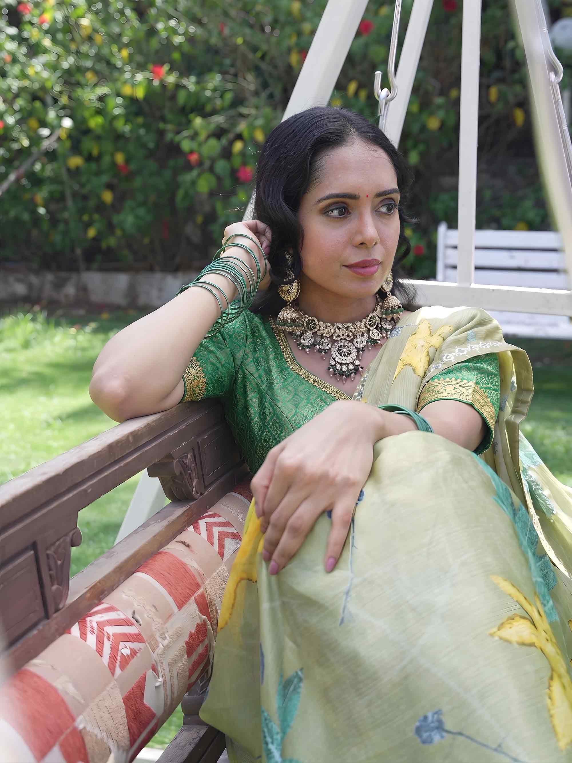 Green floral printed Silk Blend saree wedding wear 
