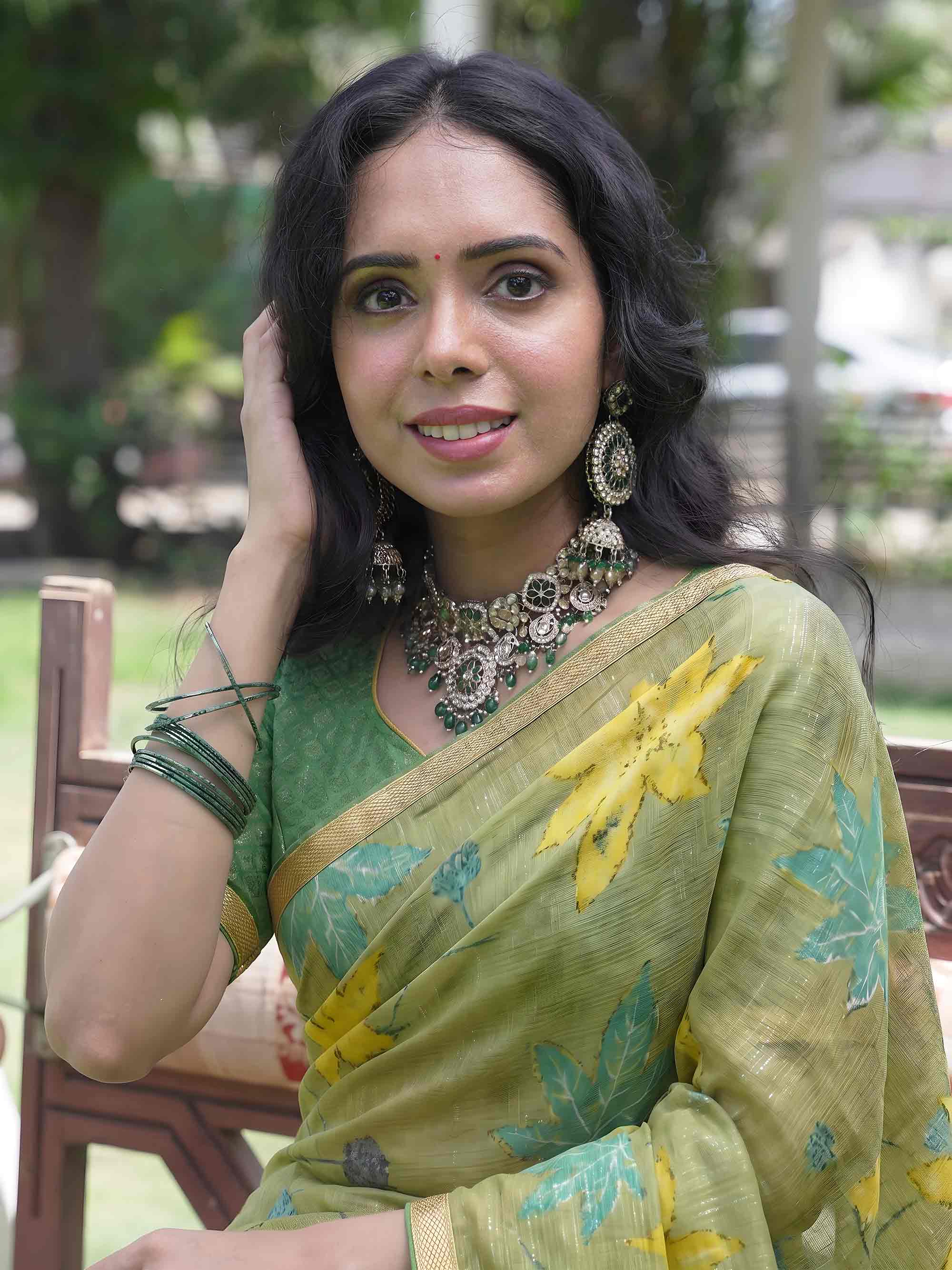 Green self-striped Silk Blend saree casual wear