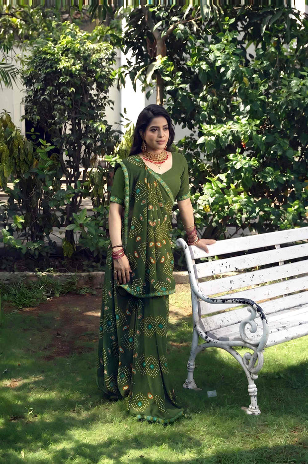 Green bandhani printed georgette saree festive wear