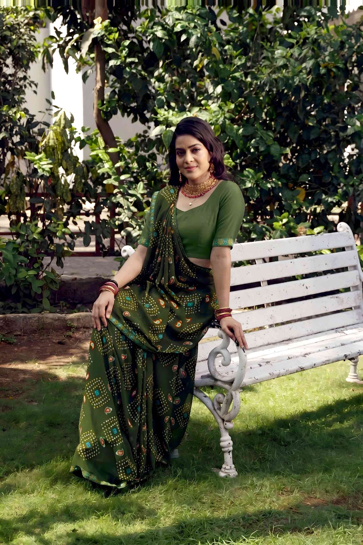 Green bandhani printed georgette saree party wear