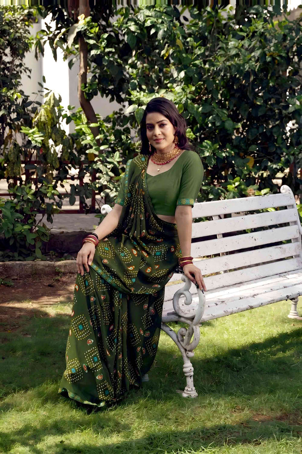 Green bandhani printed georgette saree party wear