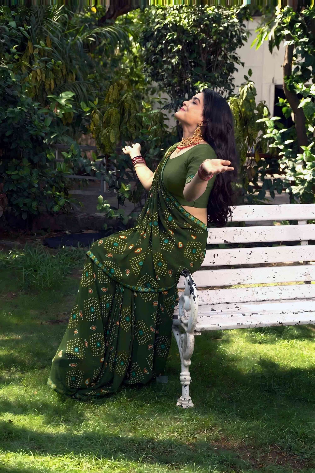 Green bandhani printed georgette saree wedding wear