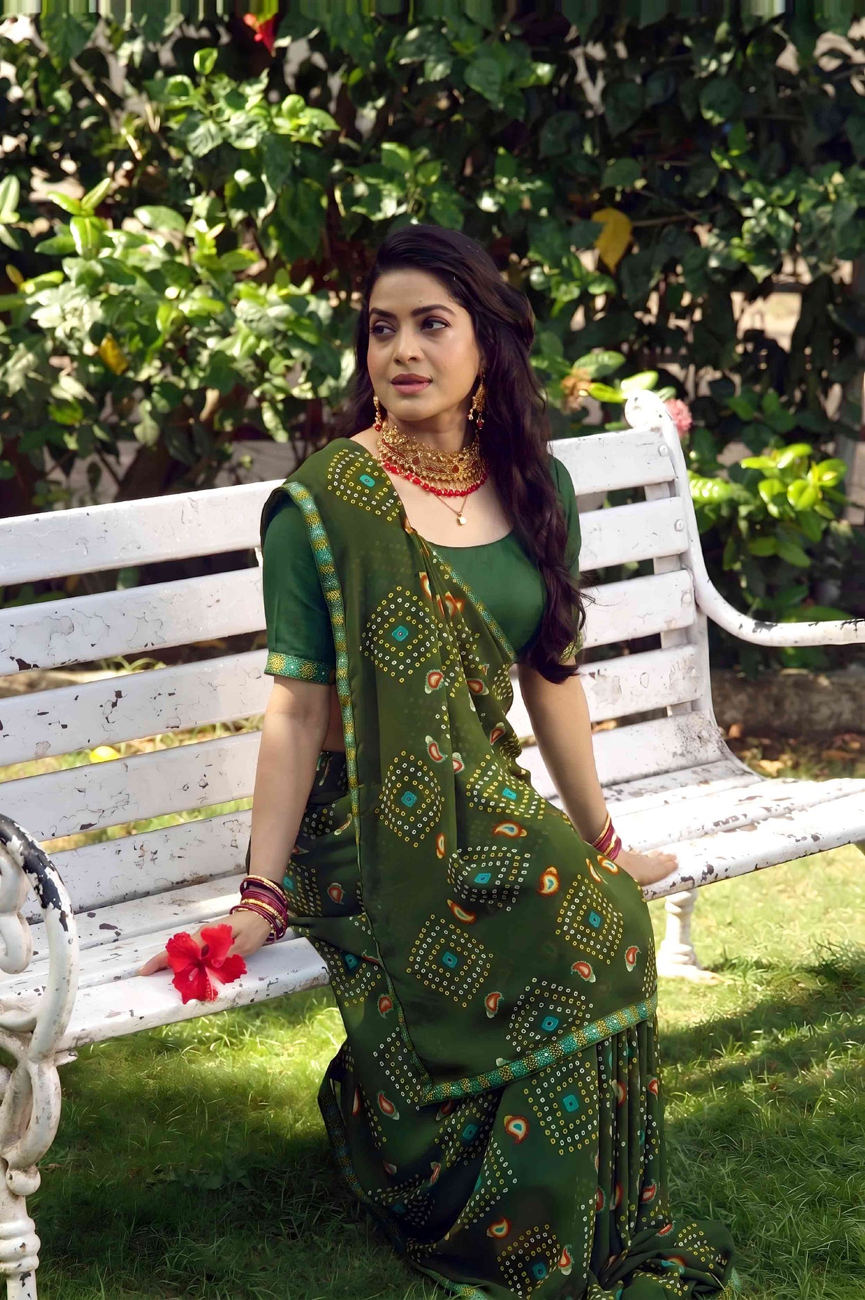 Green bandhani printed georgette saree casual wear