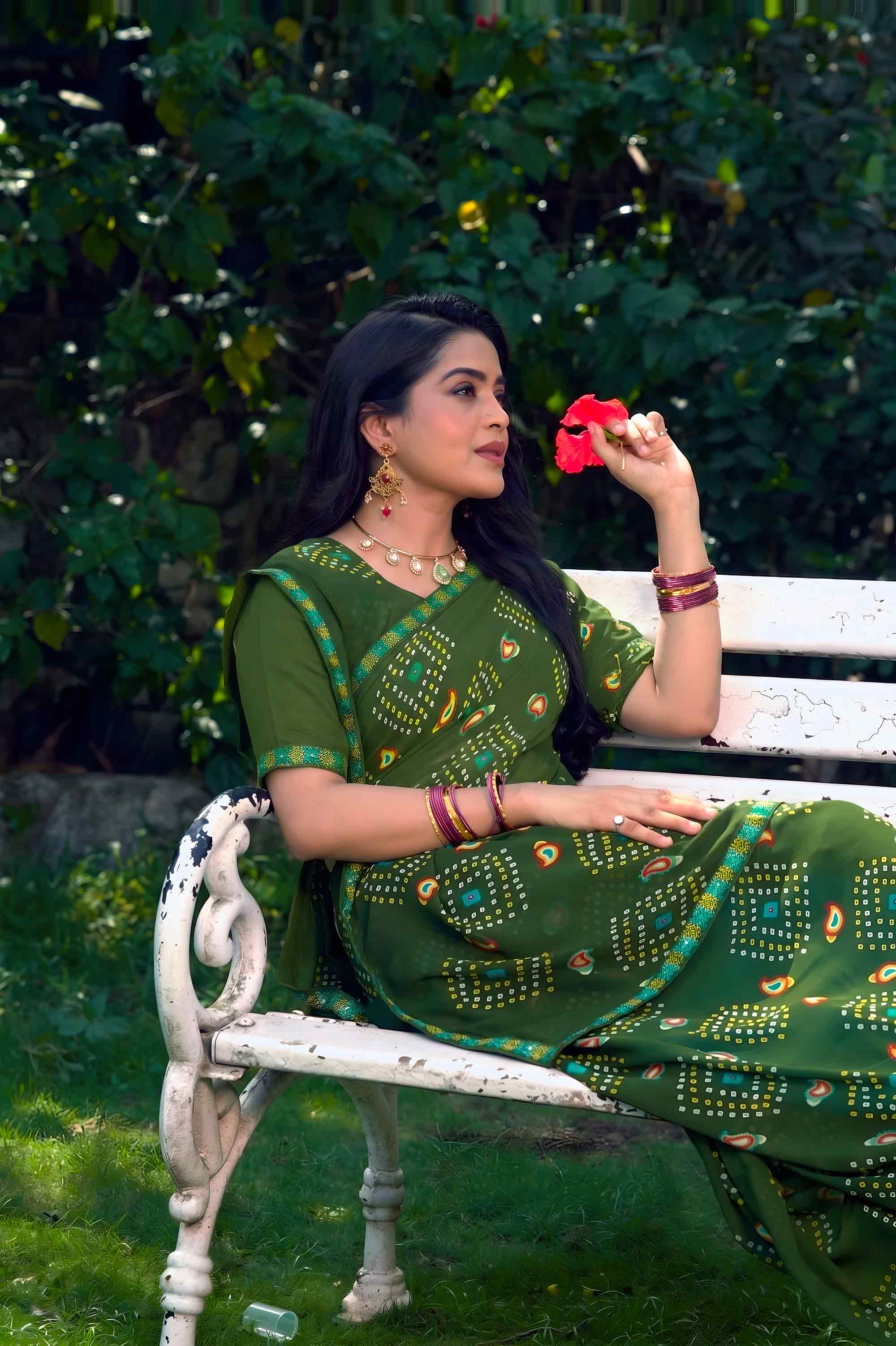Green bandhani printed georgette saree daily wear