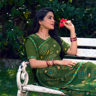Green bandhani printed georgette saree daily wear