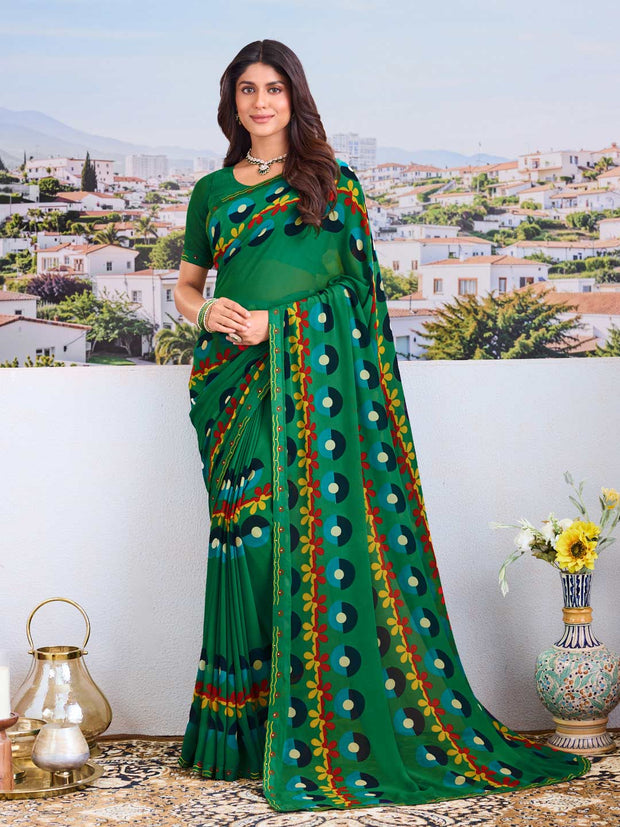 Green modern print saree