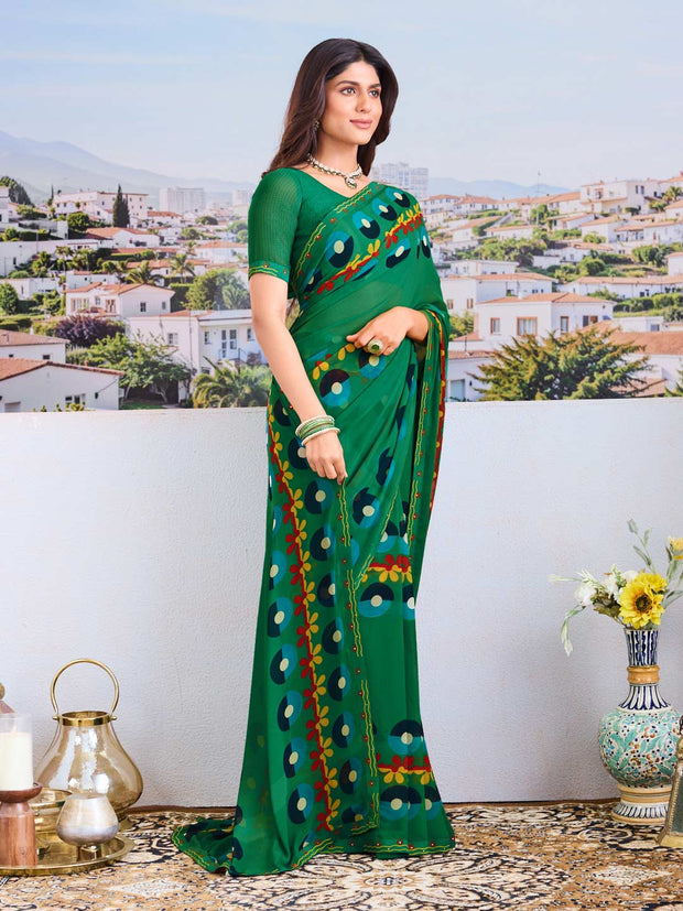 Stylish green georgette saree