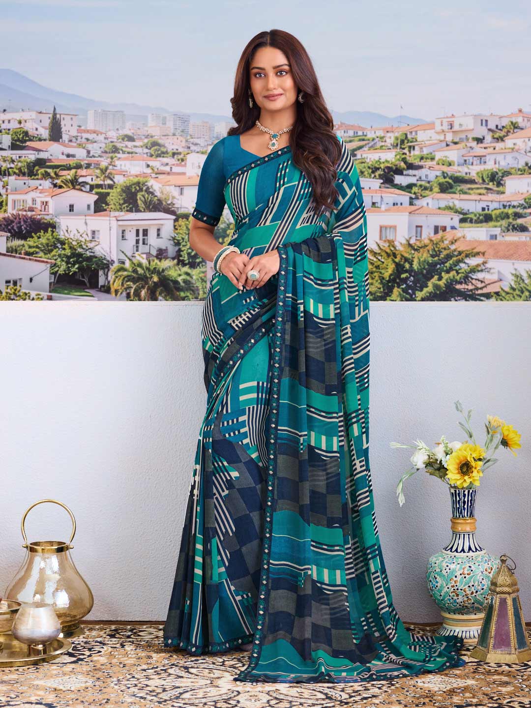 Blue modern print saree