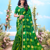Green dot grid printed cotton saree festive wear 