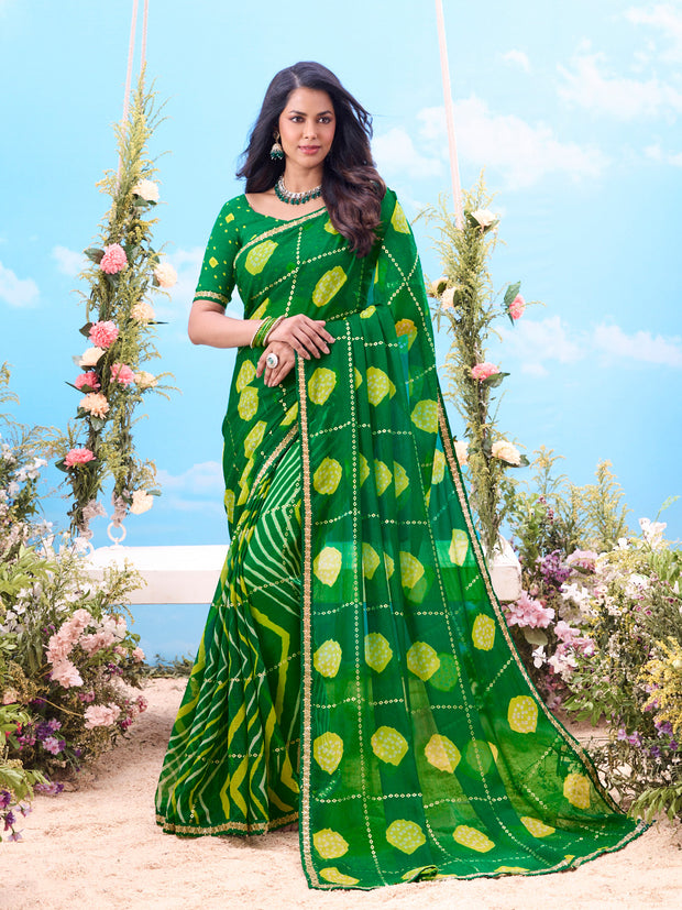 Green dot grid printed cotton saree festive wear 