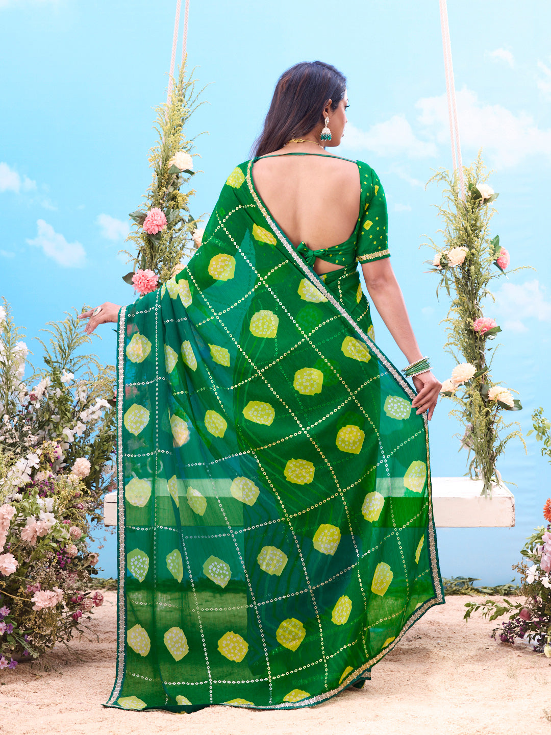 Green bandhani cotton saree festive wear 