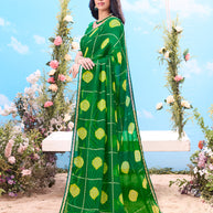 Green dot grid printed cotton saree festive wear 