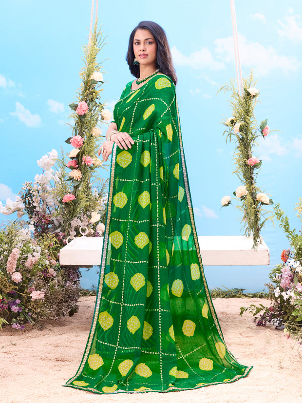 Green dot grid printed cotton saree festive wear 