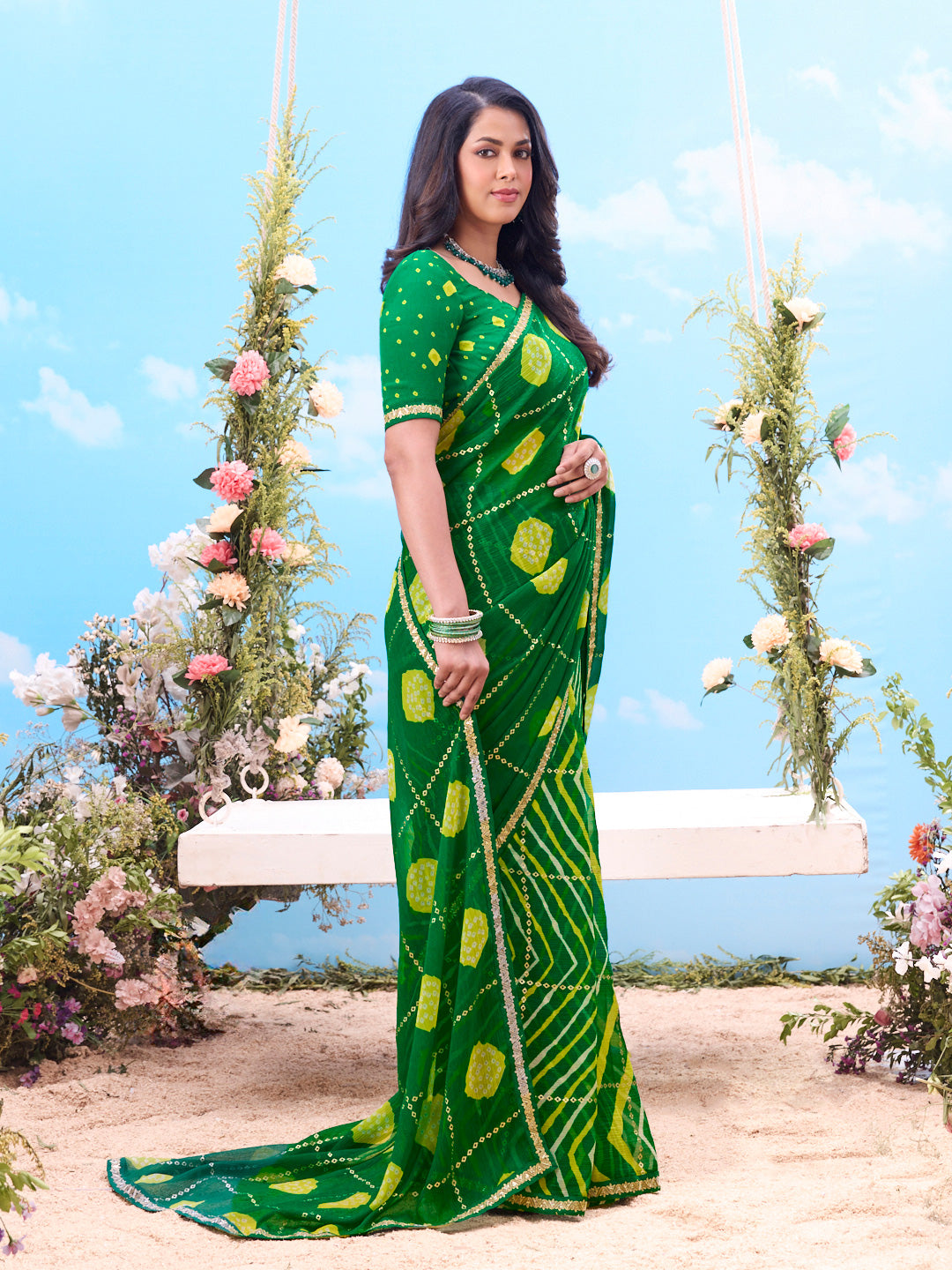  Green polka dot printed cotton saree festive wear 