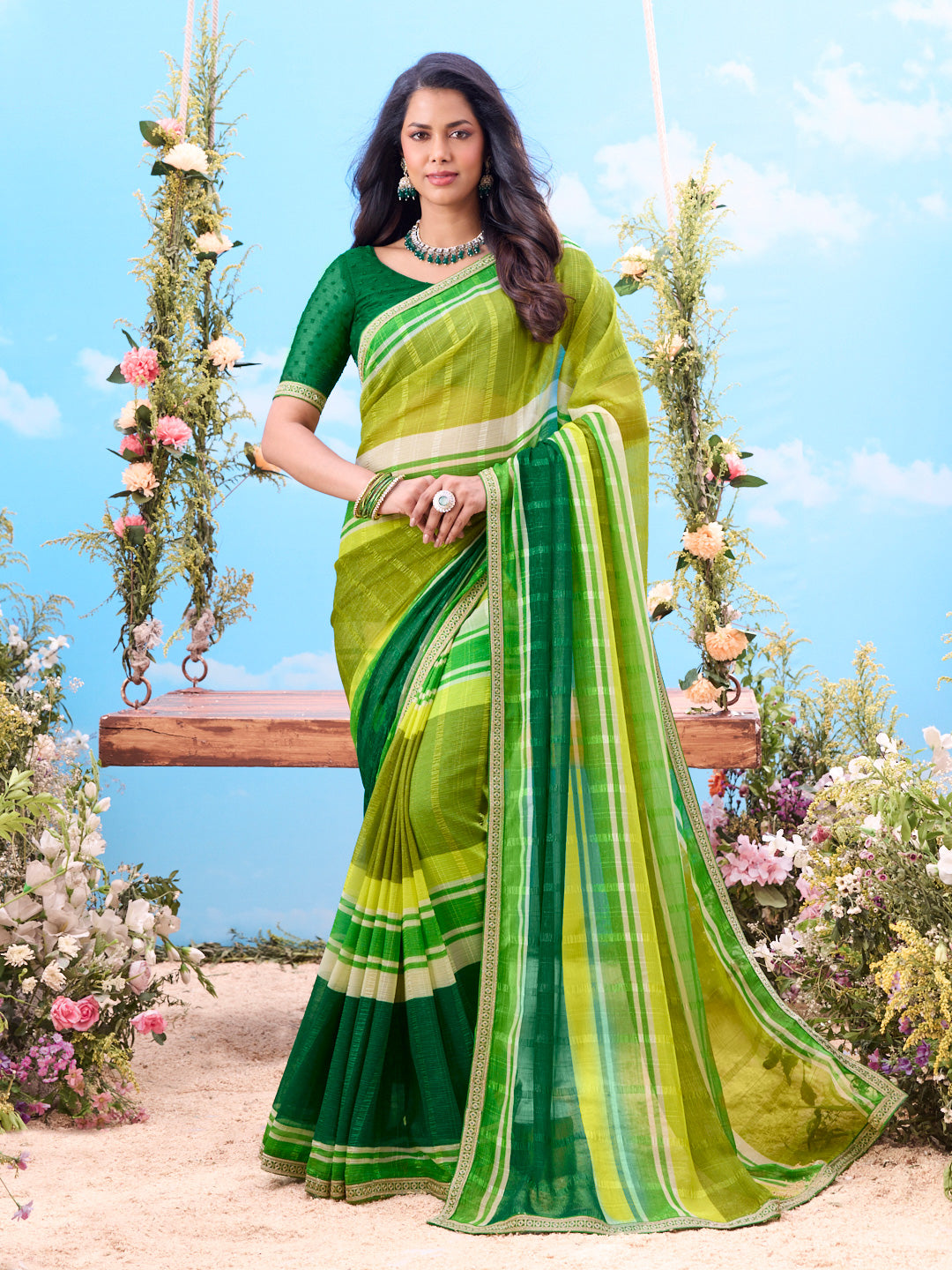 Green striped georgette saree casual wear 