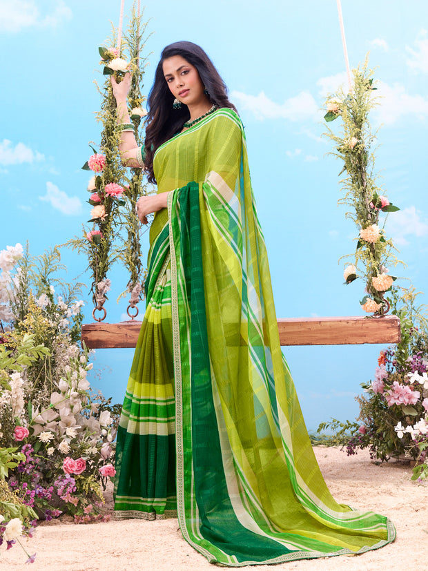 Green striped sheer georgette saree daily wear