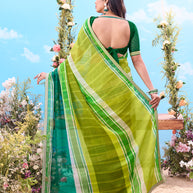 Green striped patterned georgette saree casual wear