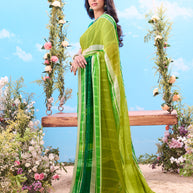 Green woven striped georgette saree festive wear 