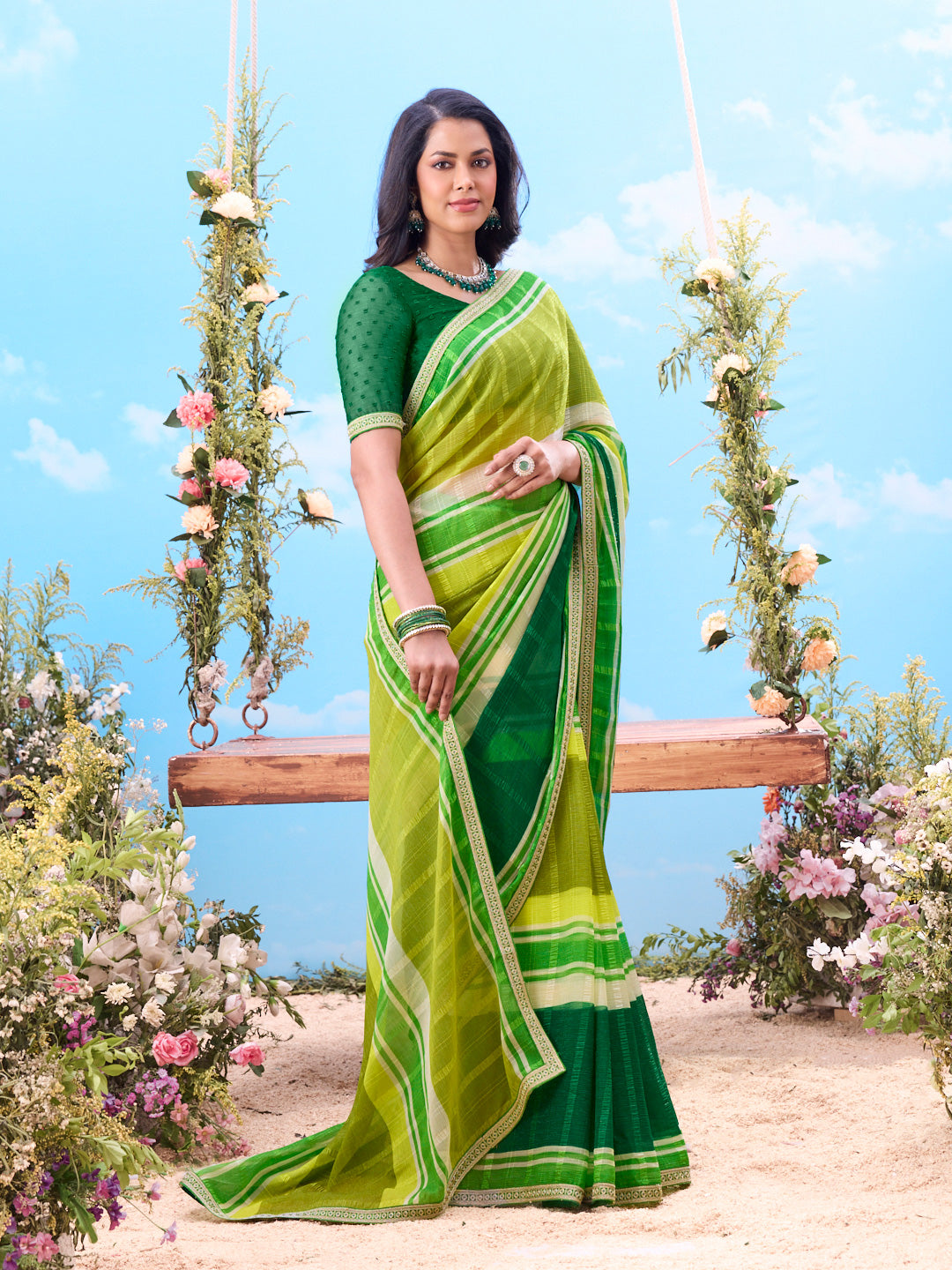 Green striped lightweight georgette saree party wear