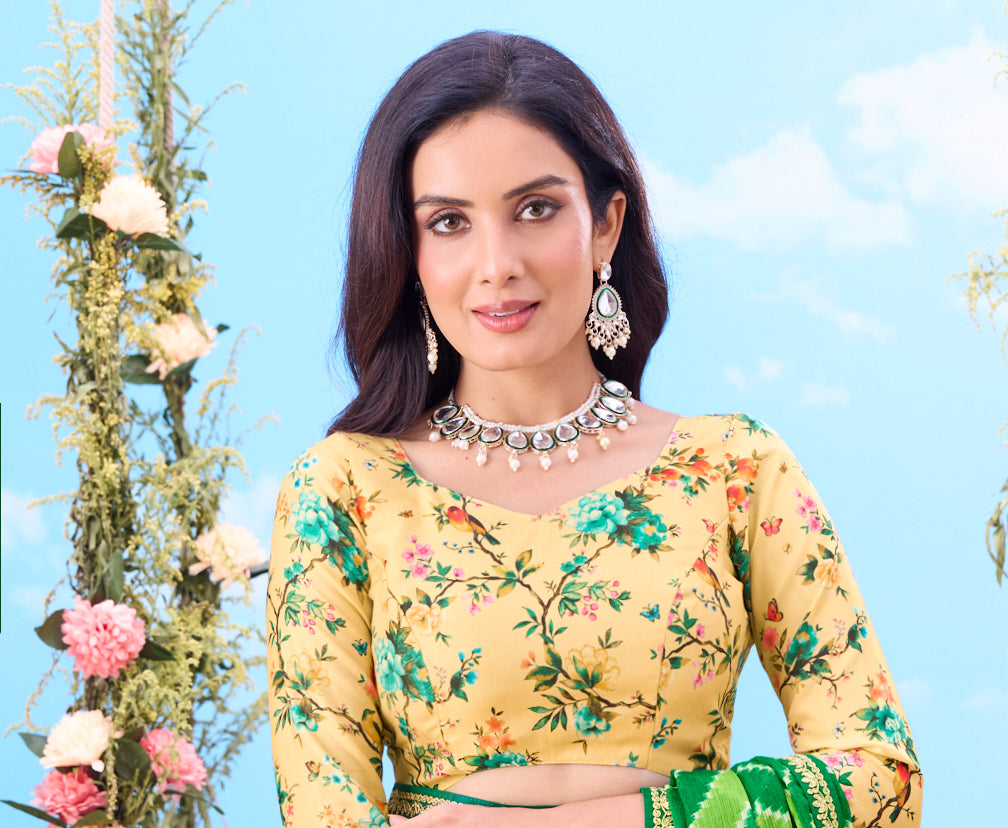 green saree contrast blouse